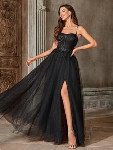 Women Black Elegant Wedding Dresses Sleeveless Straps Long Party Function Gorgeous Dresses - Black - View 5