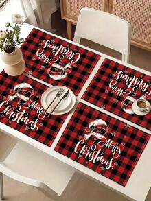 1pc Christmas Pattern Printed Table Runner, 4pcs Christmas Pattern Printed Placemats, Suitable For Holidays, Parties, Birthdays, Dinners, Kitchen & Dining Room Table Decor, All Season Home & Living Decor