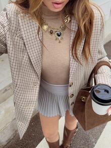 GLOpass Women's H-Shaped New Plaid Double-Layer Long Sleeve Loose Blazer Casual Versatile Jacket, Single-Breasted Design, Elegant Office Commuter Wear, Casual Jacket Top