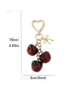 1pc Cherry Fruit Bow Heart Shaped Golden Keychain, Suitable For Car Keys And Bag Decoration