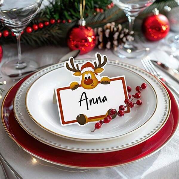 10/20/50 Tarjetas de decoración de mesa navideña, tarjetas de papel con nombres de asientos de renos para decoración de mesa navideña, adecuadas para decoración de fiesta de Navidad con tarjetas de nombre de asientos