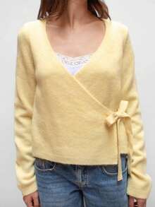 Women's Wrap Front Deep V Neck Sweater - Long Sleeve Side Tie Cropped Slim Fit Knit Top - 黃色 - 查看 2