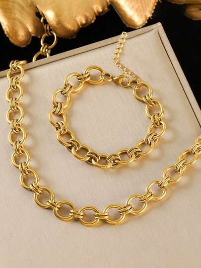 RAYQUEEN 1 Set Stainless Steel Fashionable Versatile Punk Style Gold Necklace + Bracelet Jewelry Set, Suitable For Daily Wear And Holiday Gifts