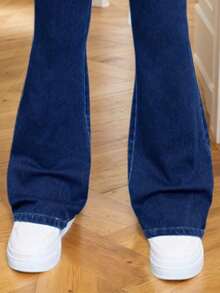 女童休闲蓝色喇叭裤，修身剪裁，非牛仔面料，轻盈透气，百搭日常穿着 - 藍色 - 查看 5