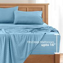 Lux Decor 4 Pc Stripe Bed Sheets, High GSM Brushed Microfiber Bedding Set With Deep Pocket Fitted Sheet & Pillowcases. Soft, Breathable, Hypoallergenic, Easy Care, And Wrinkle Resistant For Year-Round Comfort And A Classic Hotel-Quality Look. - 藍色 - 查看 4