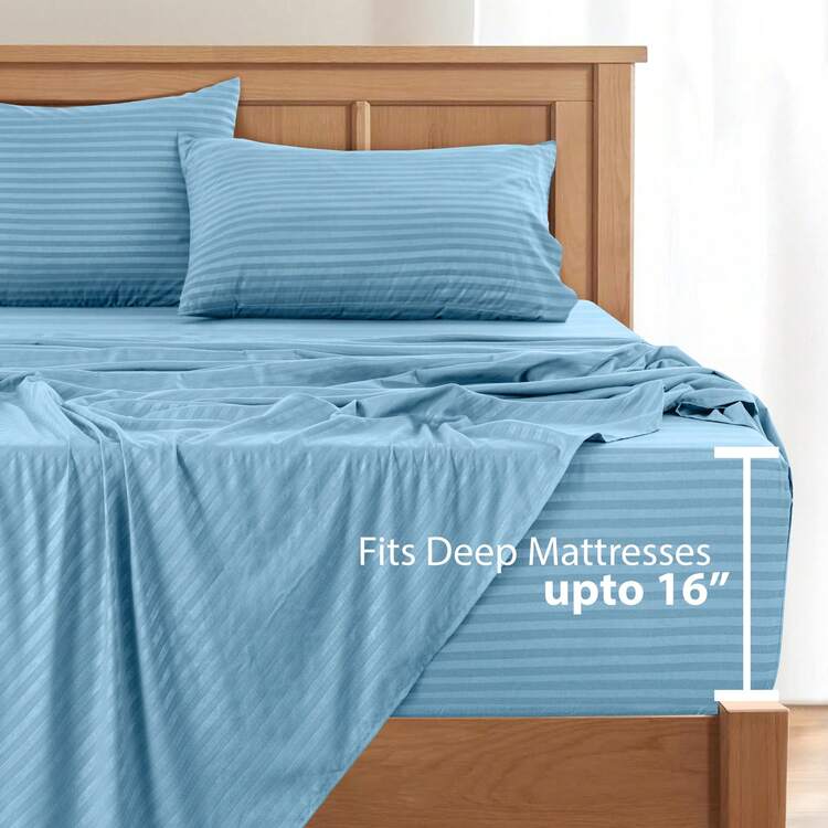 Lux Decor 4 Pc Stripe Bed Sheets High GSM Brushed Microfiber Sheets - Elevate Your Sleep Experience With Deep Pocket Bedding Sheets & Pillowcases-Graduation Gifts, Home Decor, Back-To-School Gift, Valentine's Day Bedroom, Spring Bedding Refresh, Guest Room Essentials, Dorm Room Bedding, Premium Bed Linens, Easy Care Sheets, Hypoallergenic Fabric, Year-Round Comfort, Master Bedroom Update, Matching Bedding Set, Hotel Quality Linens, Everyday Use, Classic Look, Home Basic - 藍色 - 查看 4