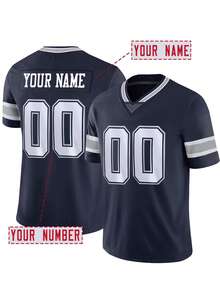 Customized Name & Number Boyfriend Style Men's Embroidered American Football Jersey, Pittsburgh Black V-Neck Personalized Short Sleeve Top, Suitable For Party, Match, Training, Competition, DIY Style, Size S-XXL, Fashion, Minimalist, Easy To Wear, Ultra-Modern, Casual, Personalized, Custom, Unique - Blue - View 2