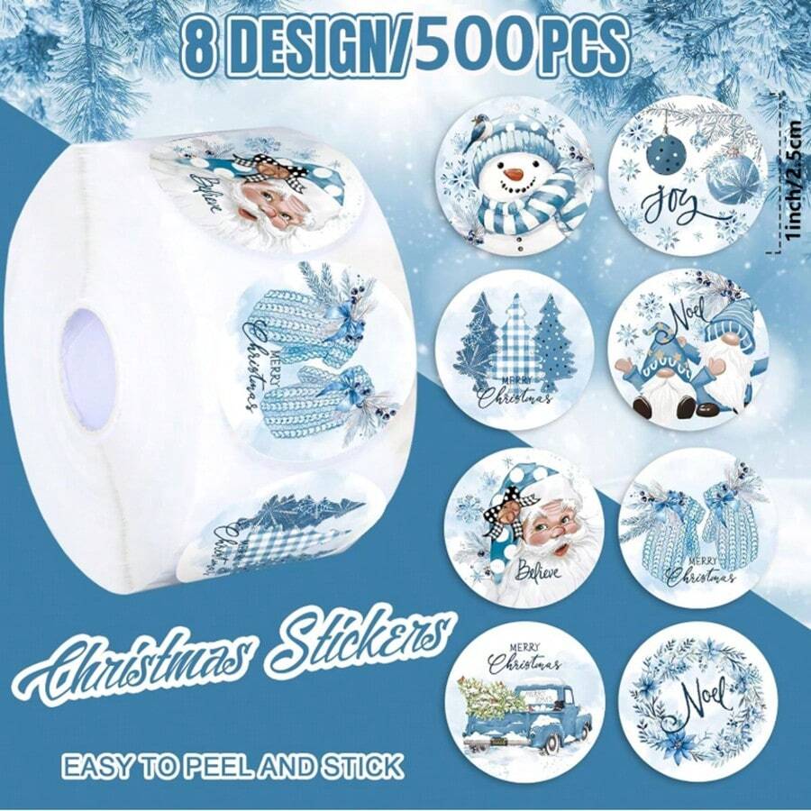 500pcs/Roll Merry Christmas Stickers, Watercolor Blue Christmas Tree, Santa Claus, Snowman Stickers, Self-Adhesive Christmas Christmas Decorations Christmas Pajamas Christmas Gifts Christmas Decor