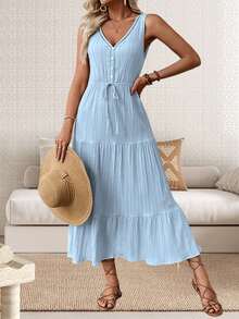 Women's Summer Casual Tank Dress Sleeveless V Neck Button Solid Color Beach Dresses - màu xanh da trời - Xem 3