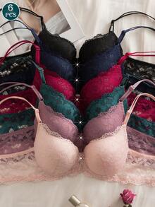 6 Packs Floral Lace Lift Bras - Precision Numbered Fit & Assorted Colors | Underwire Support