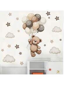 1pc Cute Teddy Bear Wall Decals With Balloons - Cloud And Star Nursery Decor, Removable Vinyl Kids Room Stickers & Balloon Wall Stickers - Multicolor - View 4
