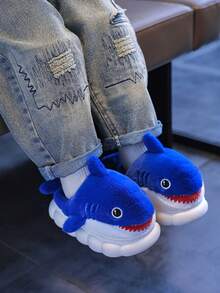 1 Pair Cute Shark Design Children's Slippers, Plush Cartoon Indoor Shoes For Toddler Boys, Winter - Royal Blue - View 4