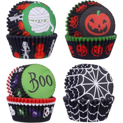 100 moules à cupcakes d'Halloween, motifs citrouille, toile d'araignée, momies, en 4 modèles différents. Caissettes standard pour muffins pour la fête d'Halloween, le déguisement, l'anniversaire, le gâteau et la décoration de desserts.