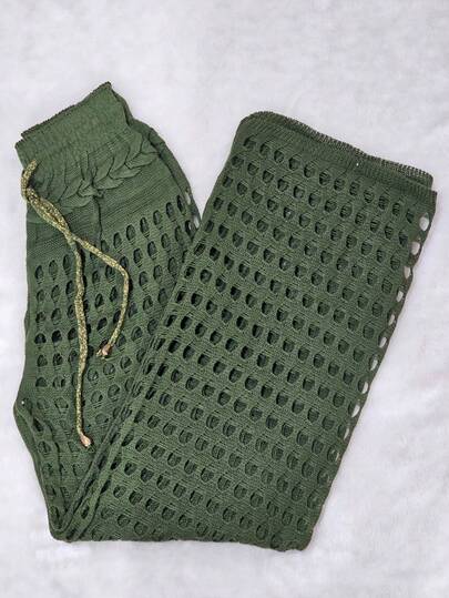 Calça Saída de Praia Verde Feminina Tricô Verão Crochê Trança Pantalona