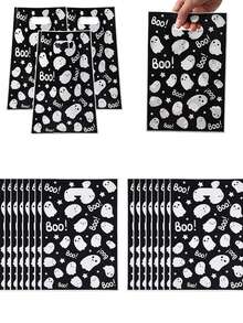 50pcs Cartoon Ghost Print Candy Gift Bags, Halloween Party Favor Treat Bags, Food Candy Packaging Bags - Black and White - View 7