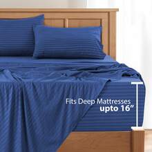 Lux Decor 4 Pc Stripe Bed Sheets High GSM Brushed Microfiber Sheets - Elevate Your Sleep Experience With Deep Pocket Bedding Sheets & Pillowcases-Graduation Gifts, Home Decor, Back-To-School Gift, Valentine's Day Bedroom, Spring Bedding Refresh, Guest Room Essentials, Dorm Room Bedding, Premium Bed Linens, Easy Care Sheets, Hypoallergenic Fabric, Year-Round Comfort, Master Bedroom Update, Matching Bedding Set, Hotel Quality Linens, Everyday Use, Classic Look, Home Basic - 藏蓝色 - 查看 3