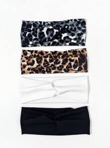 Women Bandana 4pcs Women Yoga Headband, Thick Stretchy Bohemian Solid Color & Leopard Printed Headwraps, Soft & Absorbent For Sports Fashion Hair Accessories Classic Hair Bands, Hairband Fall Winter For Vacation Outfits Woman