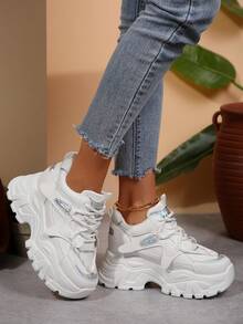 白色休闲厚底运动鞋，百搭女士坡跟厚底鞋 - 銀色 - 查看 5