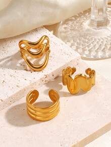 3 件套不锈钢 18K 镀金波浪线戒指，适合女性日常佩戴 - 彩色 - 查看 8