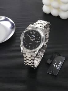 RICECGO 男士经典石英表，圆形表盘，双日期显示，不锈钢表带，适合日常佩戴，也是理想的生日礼物和商务着装之选。