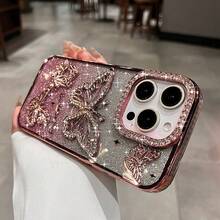 Korean Ins Style Electroplated Silicone Phone Case Compatible With IPhone 16 Pro Max, 3D Rhinestone Butterfly Design, Soft Full Coverage Case Compatible With IPhone 14 Pro, 13, 12, Unique Design Compatible With Samsung S25 - Pink - View 11