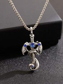 1pc Vintage Multi-Color Gemstone Dragon Sword Stainless Steel Pendant Necklace, Punk Style Unisex Couple Necklace For Daily Wear