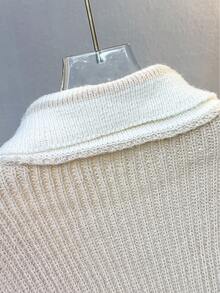 JIANHU Beige Striped V-Neck Cardigan - Autumn/Winter Knit Sweater, White Ribbed Trim And Buttons | Christmas Baking And Cozy Home - Khaki - View 5
