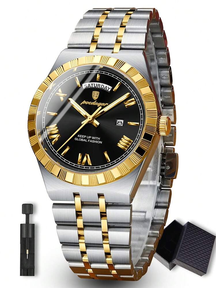 POEDAGAR 1pc Business Classic Men's Week Date Stainless Steel Quartz Watch For Man, Casual Waterproof Luminous Men Wristwatch, Fashion Luxury Male Watches Suitable For Office Occasion, Holiday Gifts For Men - Multicolor - View 17