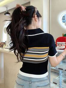 Women's Casual Contrast Striped Pattern Contrast Binding Half Zip Collared Knit Top - Black - View 3