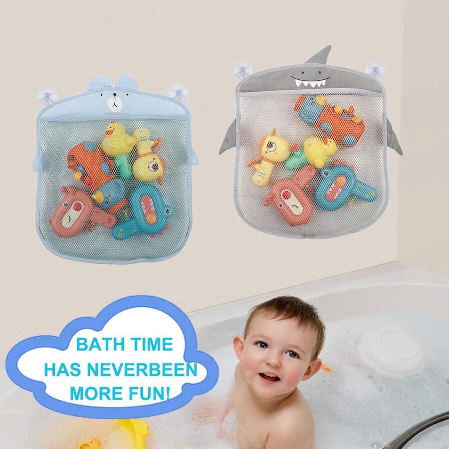 婴儿浴室网袋卡通动物造型布艺沙玩具收纳网袋吸盘式儿童洗澡玩具收纳篮儿童洗澡玩具收纳网袋玩具口袋浴室吸盘式悬挂收纳袋 - 彩色 - 查看 1