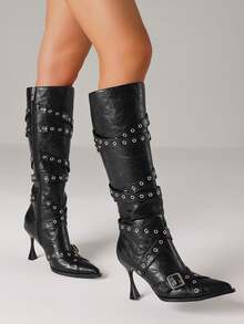 Women Winter Boots Knee High Buckle Kitten High Heels Luxury Elegant Fashion Design Halloween Shoes For Woman - 黑色 - 查看 3