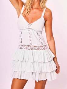 Women's Sweet Pink Lace-Trimmed Mini Dress - Delicate V-Neck Layered Ruffled Sundress With Adjustable Spaghetti Straps - Light Blue - View 4