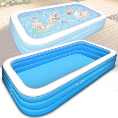 Piscina Inflable Familiar Grandes, Alberca Inflable para Niños Adultos, 3 Niveles Rectangular, Inflable Piscina para Fiesta Acuática de Verano, Piscina Inflable al Aire Libre (305x183x60 CM)--0140