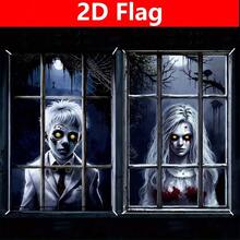 2 Halloween Horror Window Decoration Flags - Ghost House Design, 31.5 "X47.3" Large Size Polyester Fiber Indoor And Outdoor Hanging Decoration, Bloodstained Ghost Pattern, Reusable Weather Resistant, High Quality Printing, 2D Plane, Suitable For Party Door Decoration, Weird Theme, Halloween Home Decoration