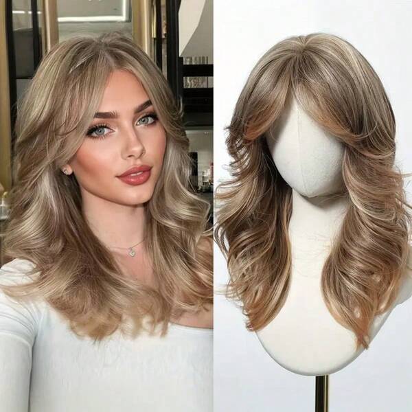 Peluca de mujer de longitud de hombro con diseño elegante de capas y flequillo, hecha de material resistente al calor natural, adecuada para uso diario, cosplay, Halloween, eventos de disfraces, festivales de música, bodas y ocasiones formales