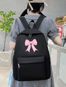 4pcs/Set Y2K Bow Print Functional Simple Backpack Set School Bag Set, Fashion Backpack, Large Capacity Shoulder Bag, Portable Pencil Bag, Coin Purse, College Style Cartoon Casual Style, Suitable For Teenage Girls,Junior High School And High School Student, College And High School, Perfect For Outdoor, Travel And Back To School,Back To School Supplies,School Bag For Girls
