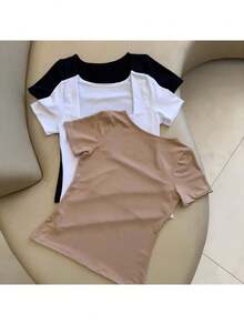 Kit Of 3 Basic Suplex Blouses, Square Neckline, Short Sleeve, Lined - 米色/白色/黑色 - 查看 2