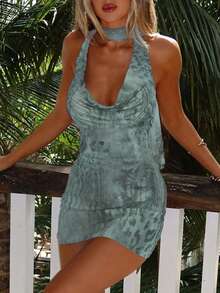 European & American Style Halter Neck Tie Waist Slim Fit Sexy Printed Beach Vacation Dress