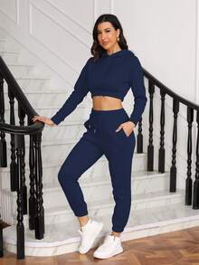 女式两件套保暖内衬休闲套装，纯色长袖连帽运动衫上衣和修身运动裤，秋冬运动服套装 - 藏蓝色 - 查看 2