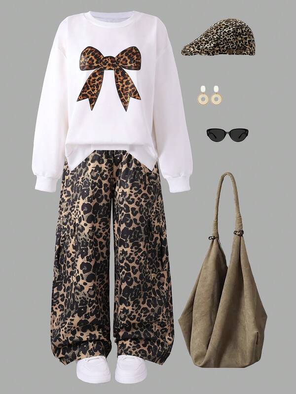 2 piezas Conjunto informal de niña preadolescente de sudadera y pantalones con estampado de mariposa, primavera/otoño