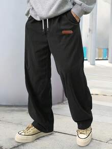 Men's Casual Versatile Letter Graphic Drawstring Waist Long Pants - Black - View 9