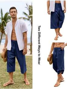 Mens Drawstring Linen Harem Capri Pants 3/4 Shorts Casual Beach Yoga Hippie Thai Pants - Blue - View 4