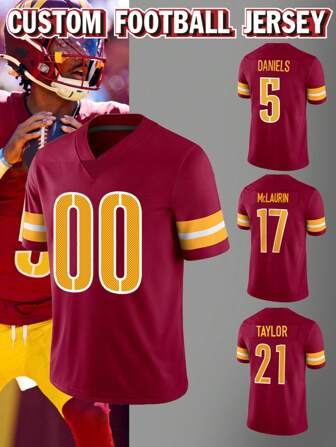 Anpassat namn och nummer herrbroderat amerikansk fotbollströja Washington röd V-ringad personlig kortärmad skjorta festmatchträning tävlingssporttröja gör-det-själv S-XXL