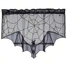 1pc Black Lace Bat Window Curtain Spider Web Bat Door Panels Decoration For Holiday Party Home Decor Gifts Birthday Graduation - 黑色 - 查看 1