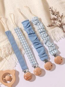 4 piezas de Clips para chupetes de bebé, a cuadros, lunares, unicolor azul/rosa/caqui, clips de chupete de madera con 3 agujeros, aptos para uso diario