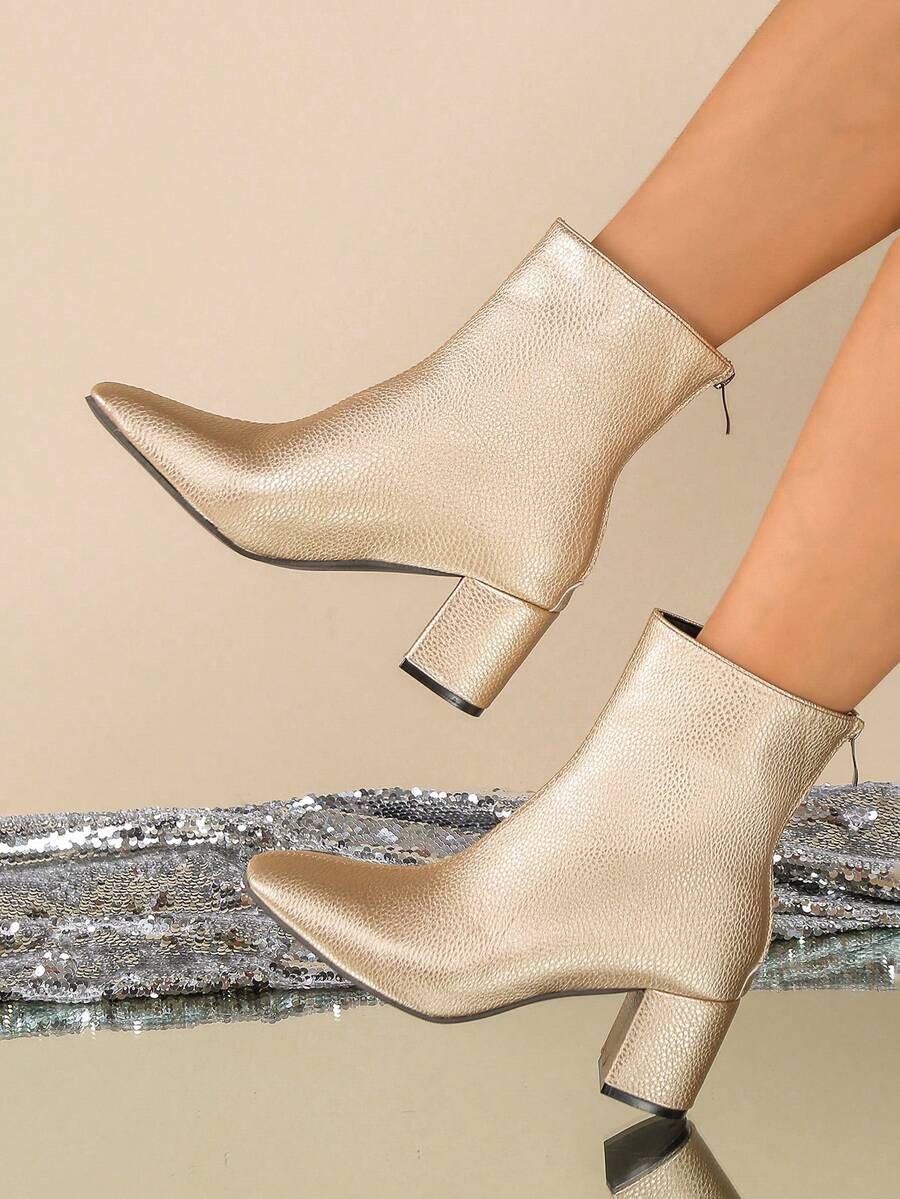 Women's Ankle Boots And Short Boots, Gold Leather With Inherent Glossy Texture High-End Short Boots, Back Zipper Chunky Heel Pointed Toe Fashion Sturdy And Convenient Ankle Boots, Suitable For Various Personal Outfits, Easy To Match Daily, Workplace Commute Stylish Ankle Boots - Gold - View 1