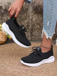 Women's Breathable Knit Slip- Shoes - Lightweight Low-Top Sneakers With Soft EVA/PVC Sole, All-Season Comfort For Walking, Jogging & Casual Wear - White, Ladies Sneakers, Round Toe Design, Cushioned Sole, Women - 黑色 - 查看 4