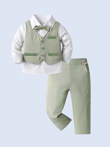 BOARNSEORL 男婴绅士套装三件套：白色长袖衬衫配领结、绿色马甲和裤子，时尚优雅，适合生日派对、聚会、晚宴等场合。 - 綠色 - 查看 2