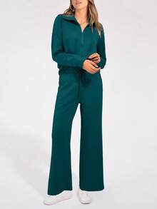 Women's 2 Piece Outfits Casual Lapel Half Zip Sweatshirts And Wide Leg Pants Tracksuit Sets - 藍綠色 - 查看 3