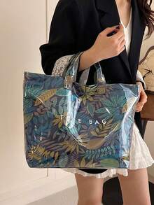 Women's Fashion Handbag, PVC Transparent Tote Bag With Camouflage Pattern, Waterproof Outdoor Casual Bag, Large Capacity Beach Bag, Casual Style, Large Capacity, Fixed Shoulder Strap, Hook & Loop Closure, Polyester Lining, Random Print Design, Suitable For Work And Commuting